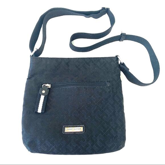 Tommy Hilfiger Crossbody Bag Fabric Logo Pattern Vegan Leather Trim Black - Picture 1 of 10